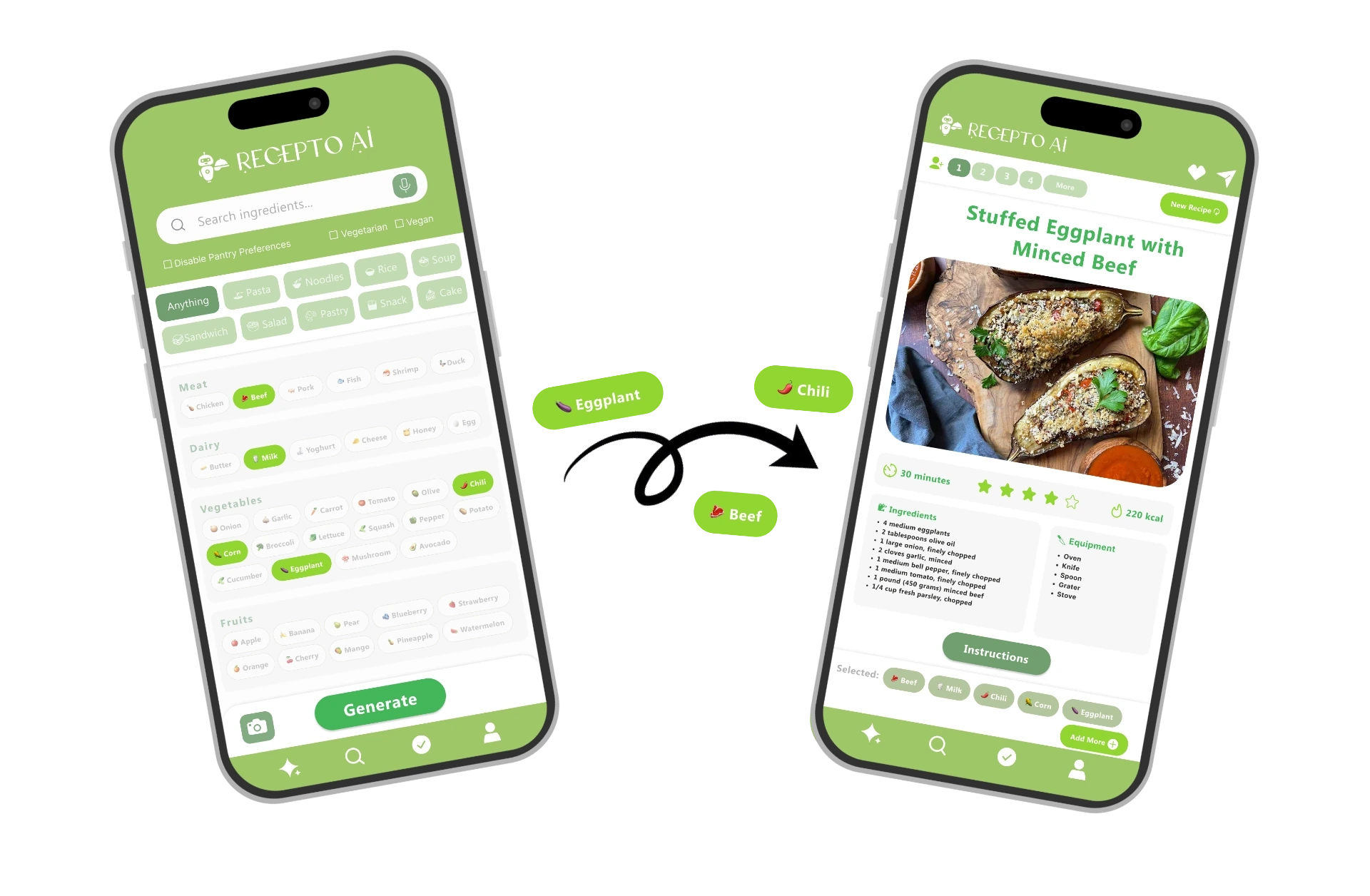 Recepto AI app interface showing ingredient selection and recipe generation